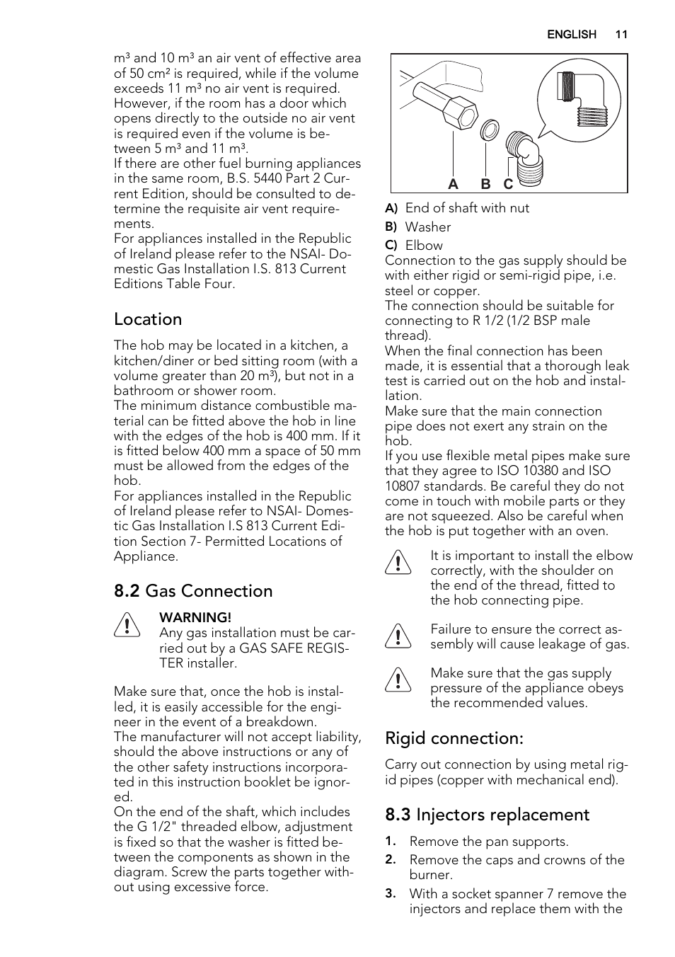 Location, 2 gas connection, Rigid connection | 3 injectors replacement | AEG HG795440XB User Manual | Page 11 / 16