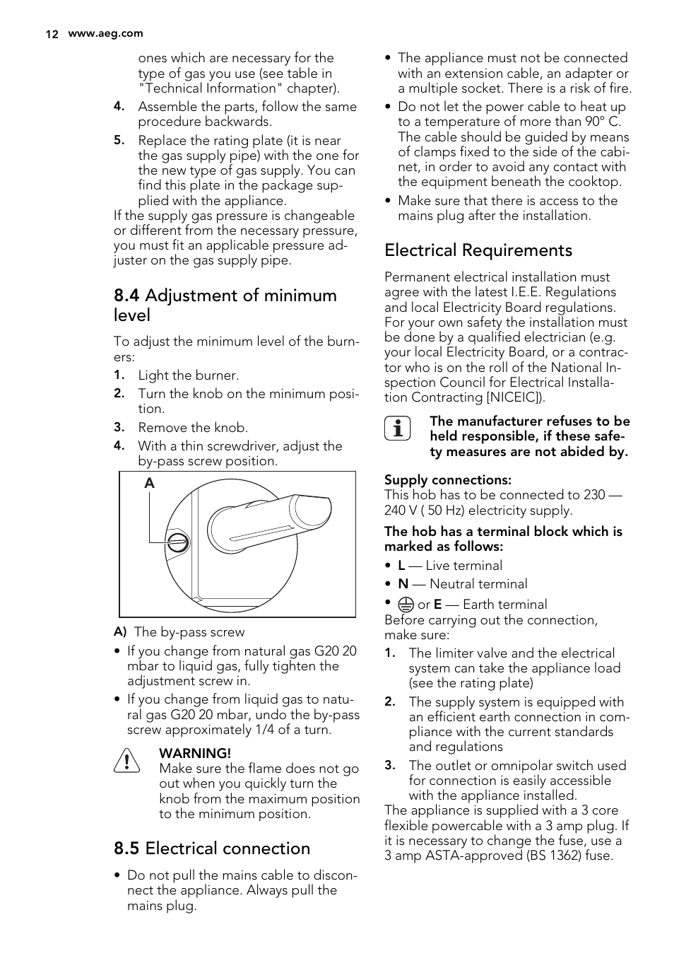 4 adjustment of minimum level, 5 electrical connection, Electrical requirements | AEG HG795440XB User Manual | Page 12 / 16