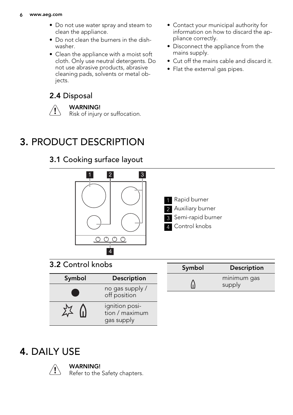 Product description, Daily use, 4 disposal | 1 cooking surface layout, 2 control knobs | AEG HG795440XB User Manual | Page 6 / 16