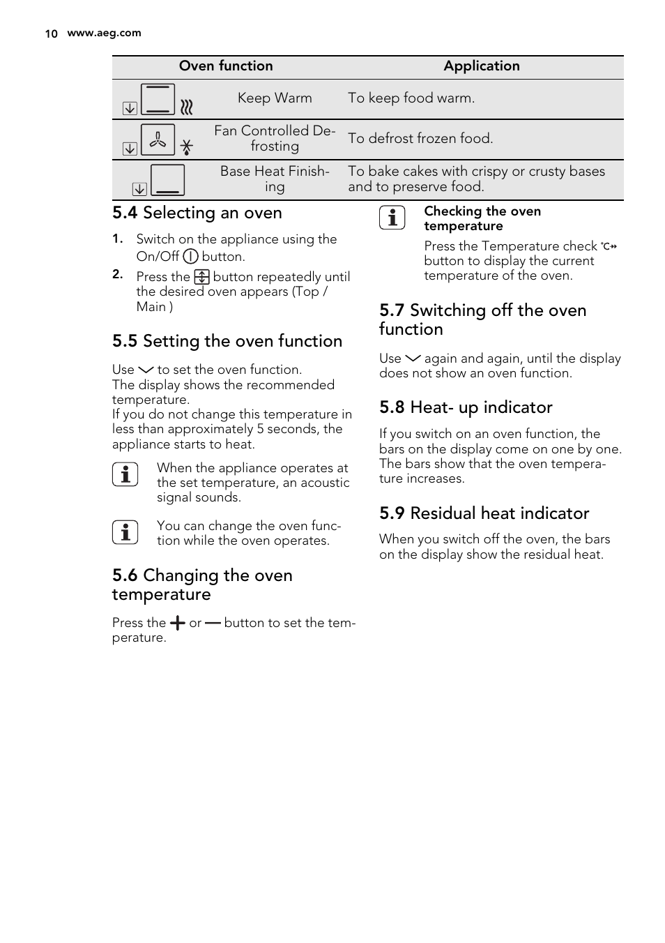 4 selecting an oven, 5 setting the oven function, 6 changing the oven temperature | 7 switching off the oven function, 8 heat- up indicator, 9 residual heat indicator | AEG DE4003000M User Manual | Page 10 / 68
