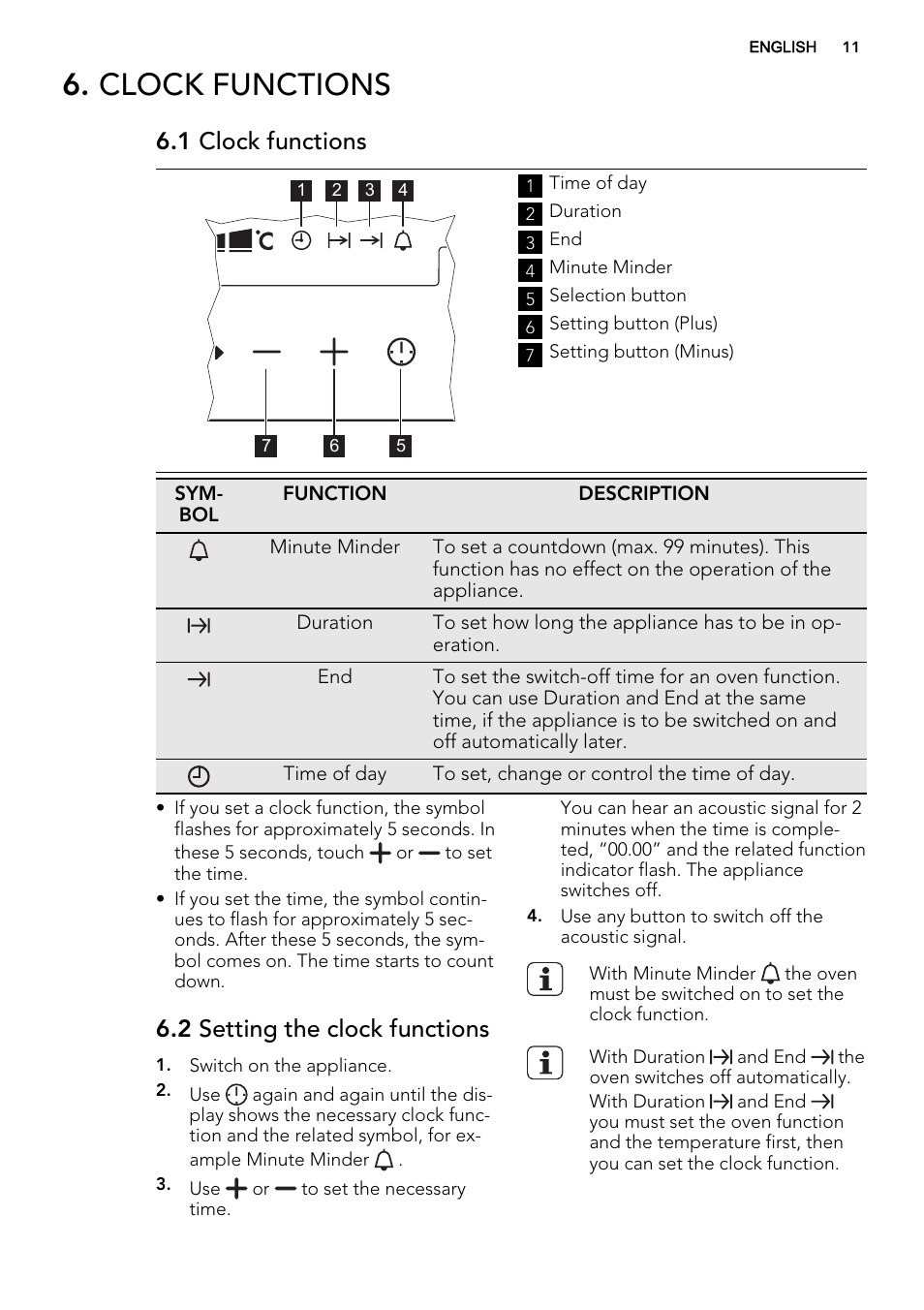 Clock functions, 1 clock functions, 2 setting the clock functions | AEG DE4003000M User Manual | Page 11 / 68