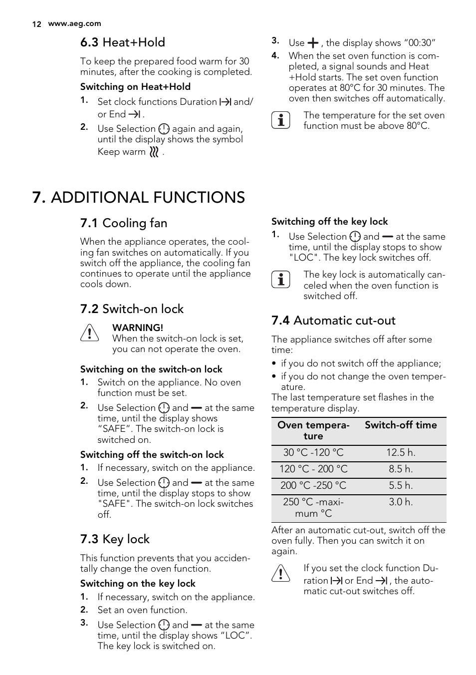 Additional functions, 3 heat+hold, 1 cooling fan | 2 switch-on lock, 3 key lock, 4 automatic cut-out | AEG DE4003000M User Manual | Page 12 / 68