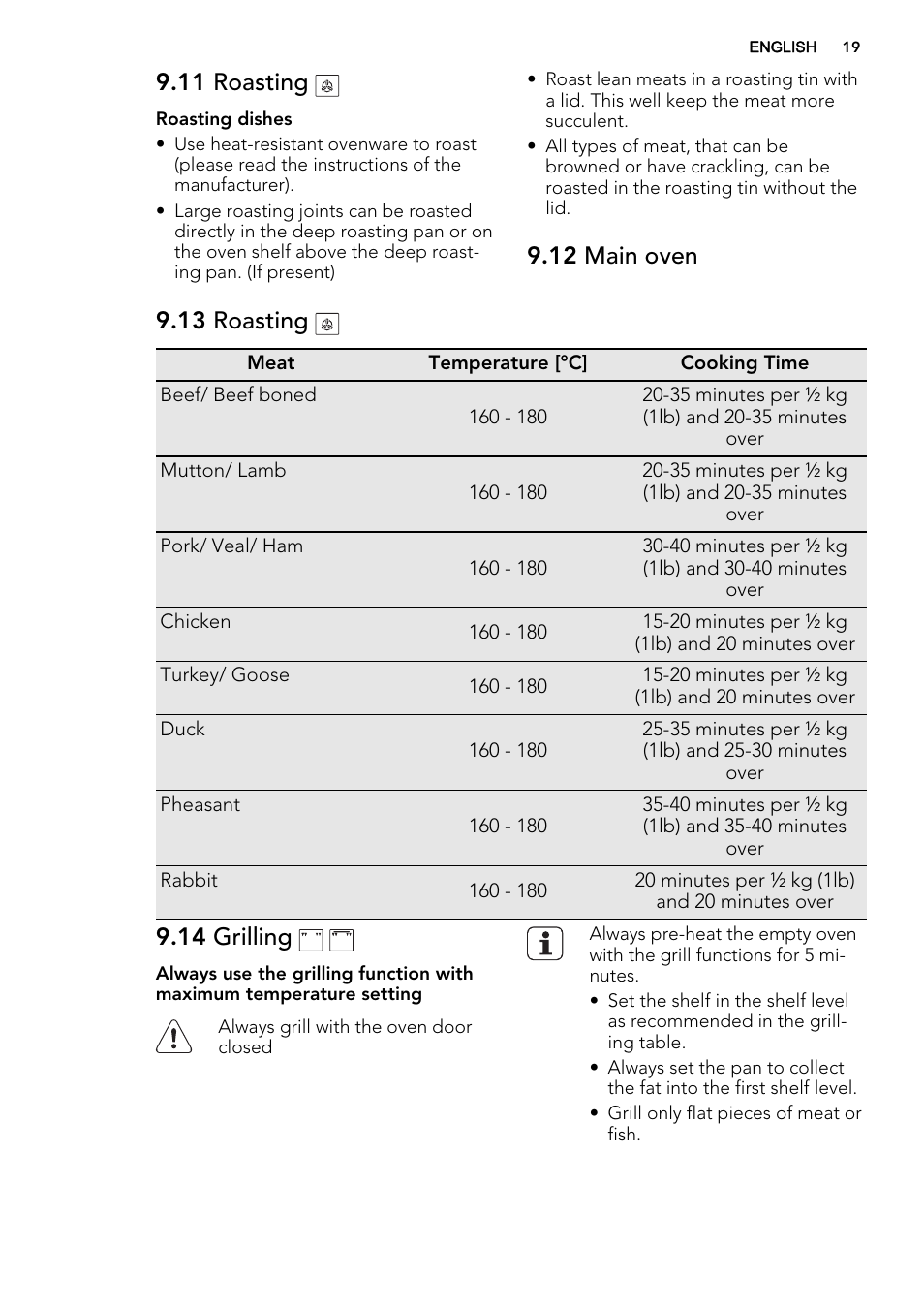 11 roasting, 14 grilling | AEG DE4003000M User Manual | Page 19 / 68