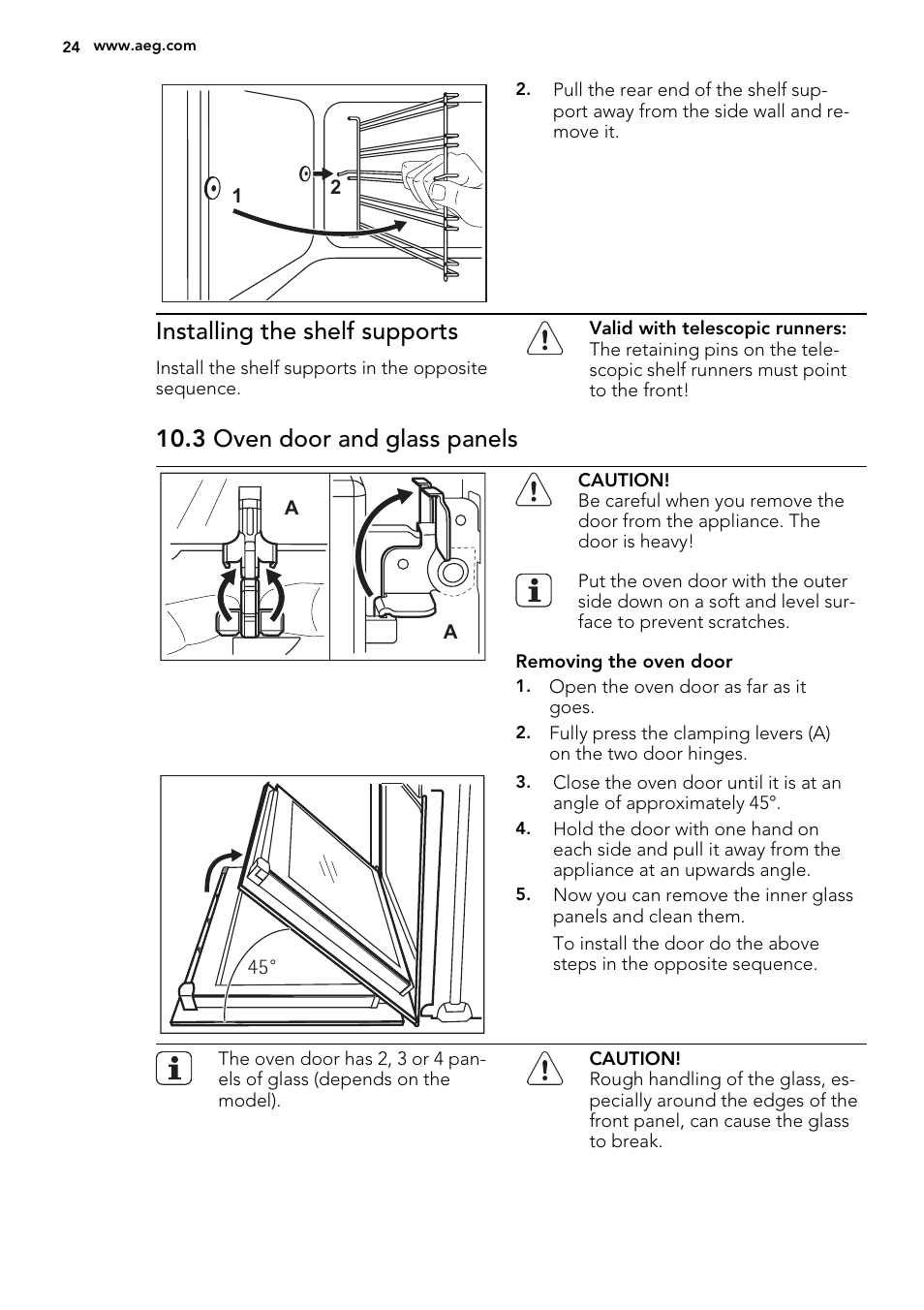 Installing the shelf supports, 3 oven door and glass panels | AEG DE4003000M User Manual | Page 24 / 68