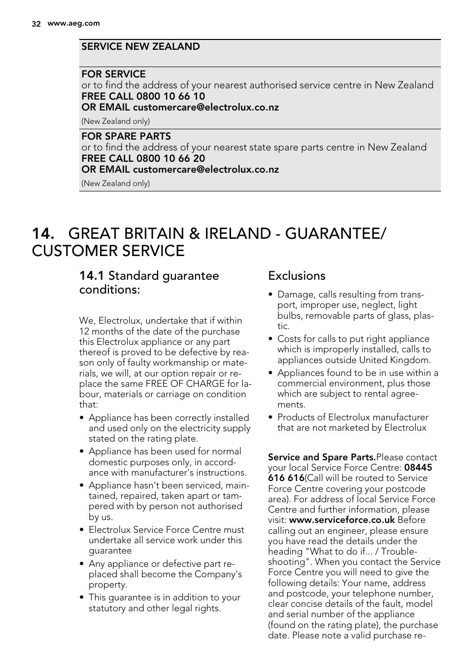 1 standard guarantee conditions, Exclusions | AEG DE4003000M User Manual | Page 32 / 68