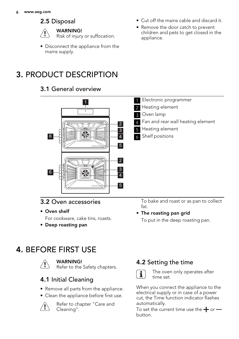 Product description, Before first use, 5 disposal | 1 general overview, 2 oven accessories, 1 initial cleaning, 2 setting the time | AEG DE4003000M User Manual | Page 6 / 68
