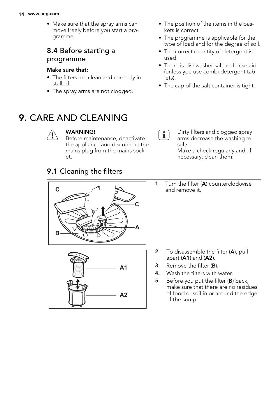 Care and cleaning, 4 before starting a programme, 1 cleaning the filters | AEG F99015VI0P User Manual | Page 14 / 20