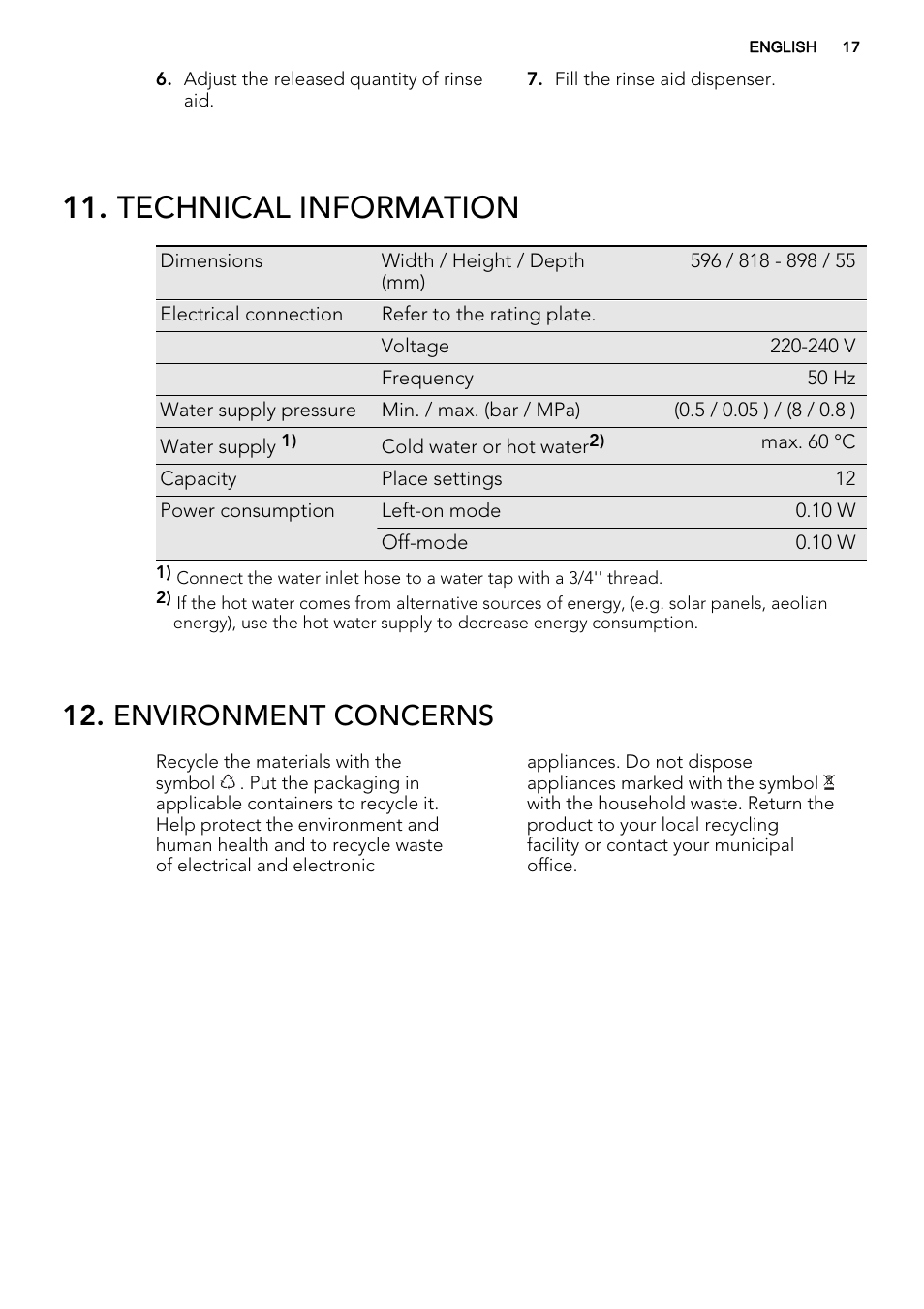 Technical information, Environment concerns | AEG F99015VI0P User Manual | Page 17 / 20