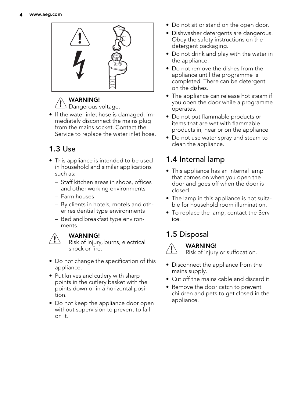 3 use, 4 internal lamp, 5 disposal | AEG F99015VI0P User Manual | Page 4 / 20