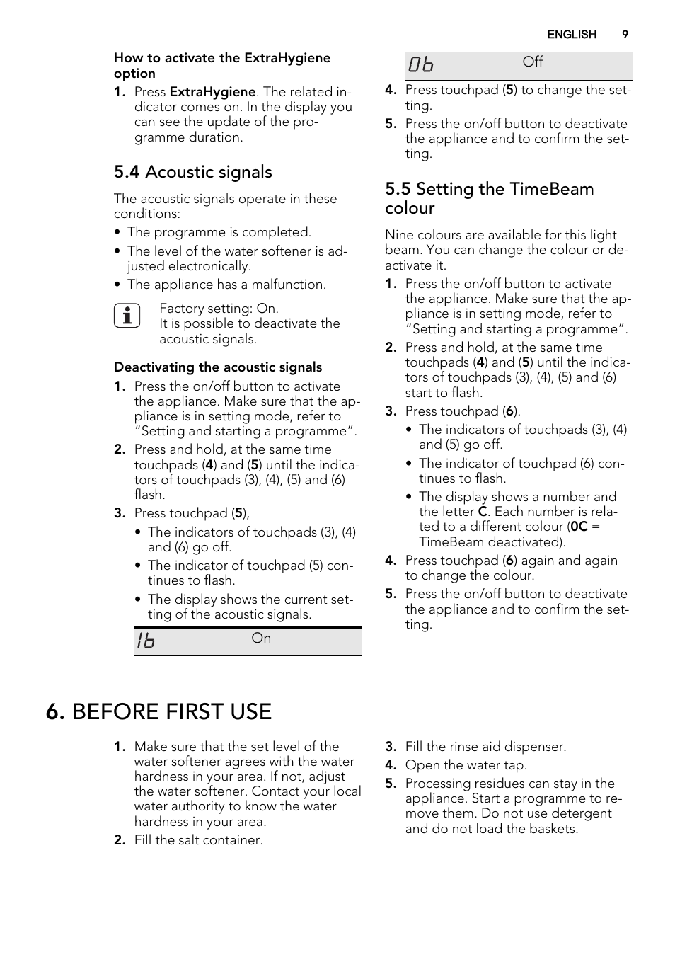 Before first use, 4 acoustic signals, 5 setting the timebeam colour | AEG F99015VI0P User Manual | Page 9 / 20