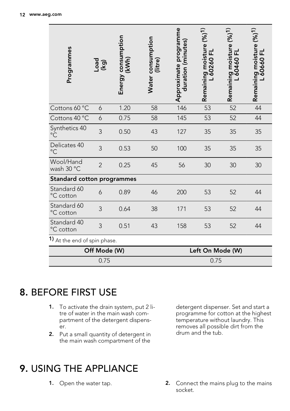 Before first use, Using the appliance | AEG L61470BI User Manual | Page 12 / 32
