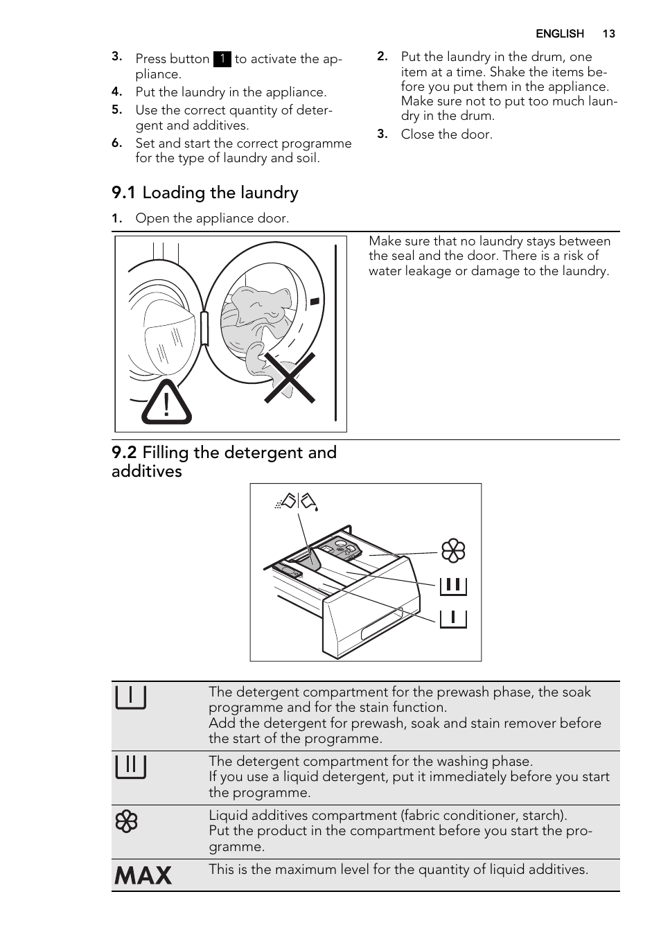 1 loading the laundry, 2 filling the detergent and additives | AEG L61470BI User Manual | Page 13 / 32