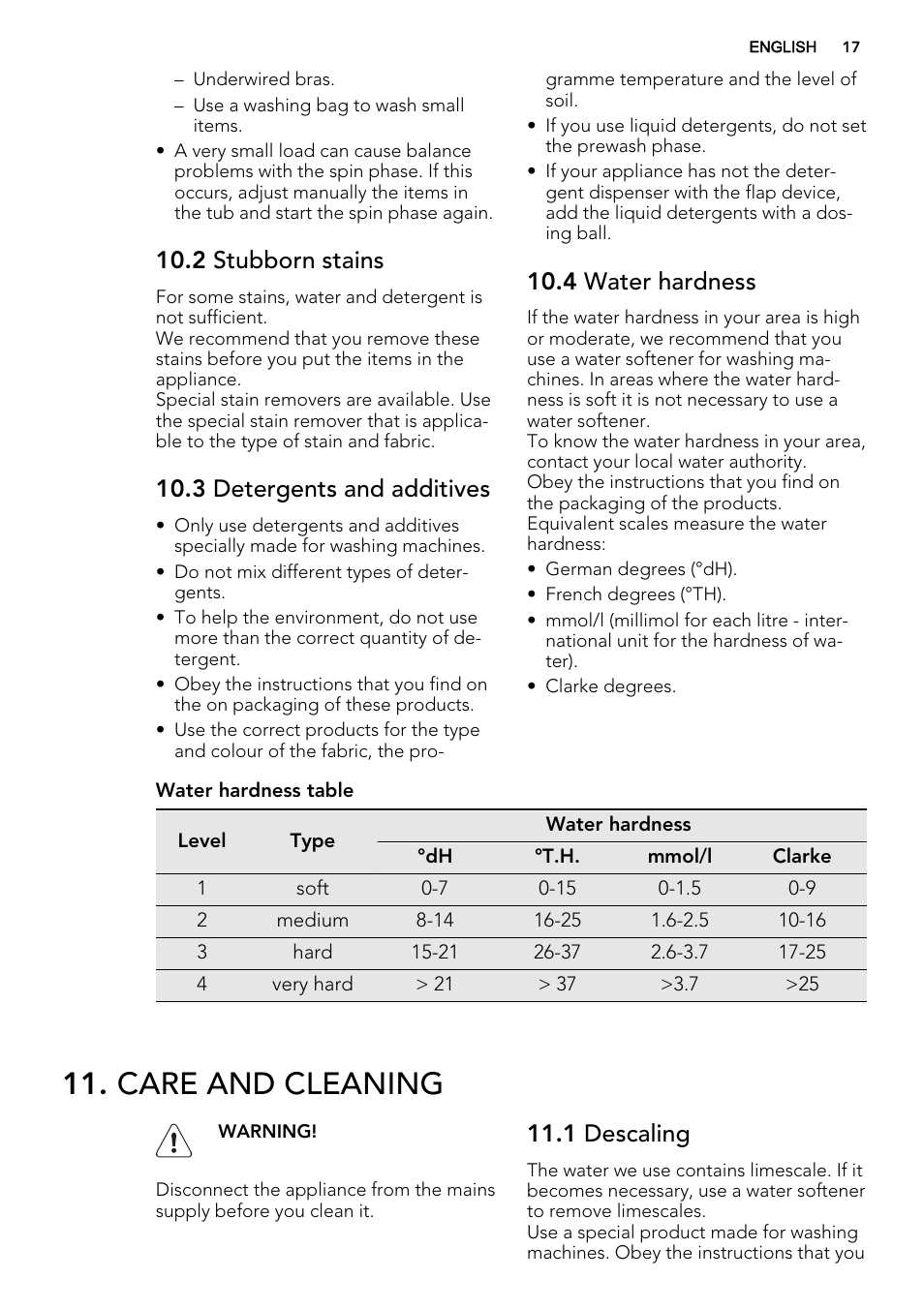 Care and cleaning, 2 stubborn stains, 3 detergents and additives | 4 water hardness, 1 descaling | AEG L61470BI User Manual | Page 17 / 32