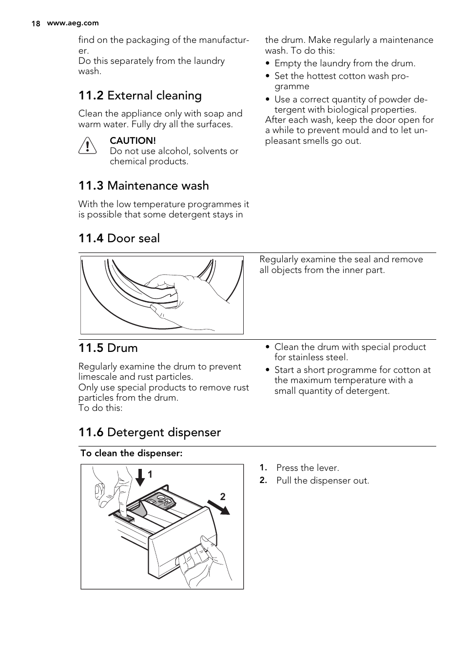 2 external cleaning, 3 maintenance wash, 4 door seal | 5 drum, 6 detergent dispenser | AEG L61470BI User Manual | Page 18 / 32