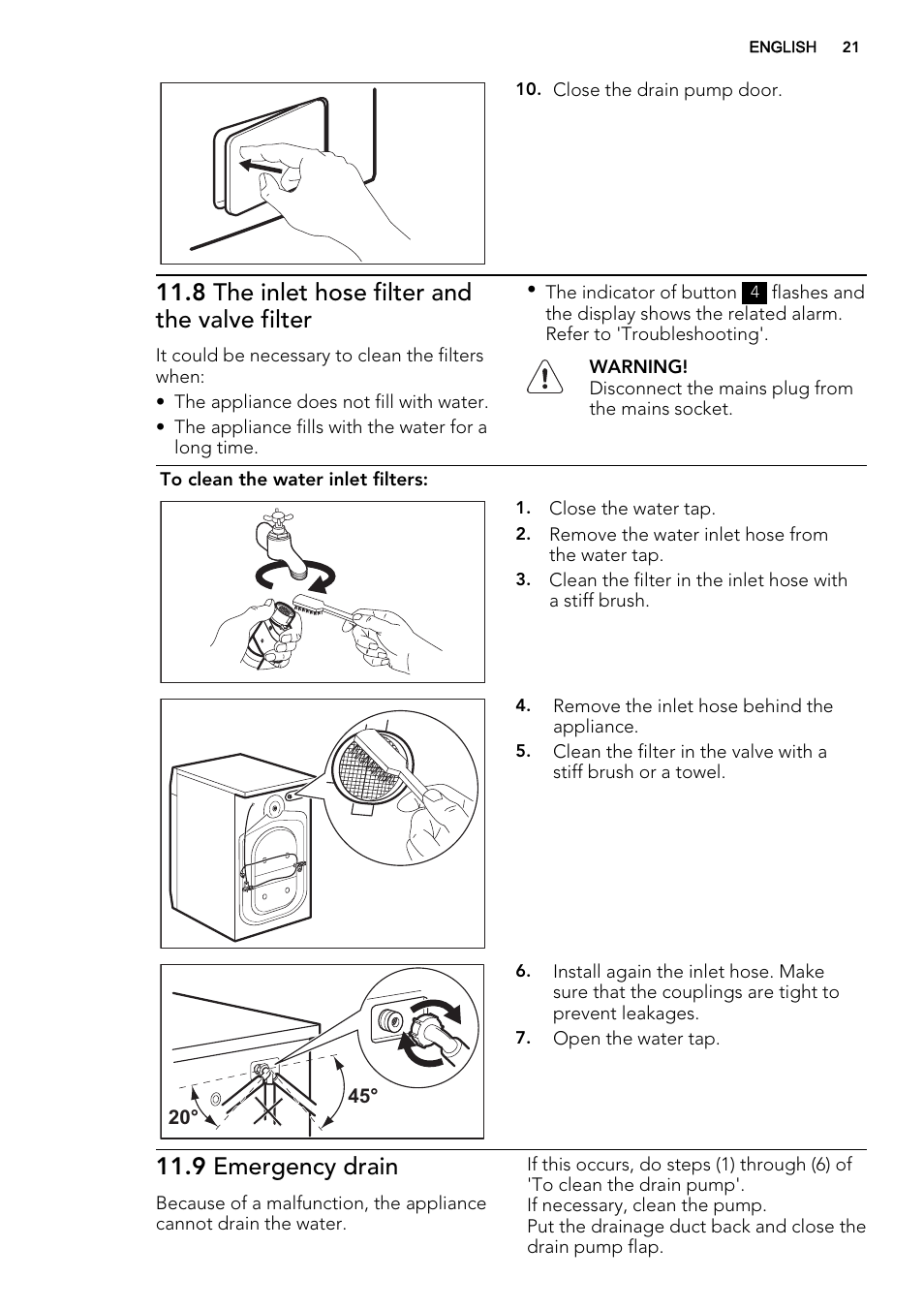 8 the inlet hose filter and the valve filter, 9 emergency drain | AEG L61470BI User Manual | Page 21 / 32