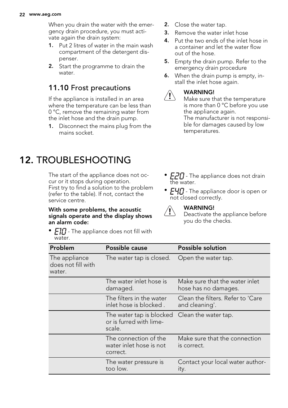 Troubleshooting, 10 frost precautions | AEG L61470BI User Manual | Page 22 / 32