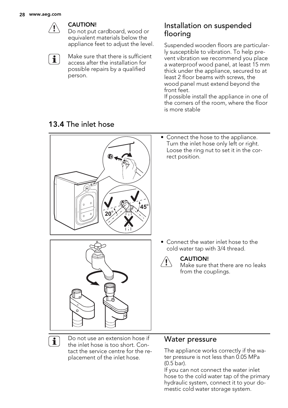Installation on suspended flooring, 4 the inlet hose, Water pressure | AEG L61470BI User Manual | Page 28 / 32