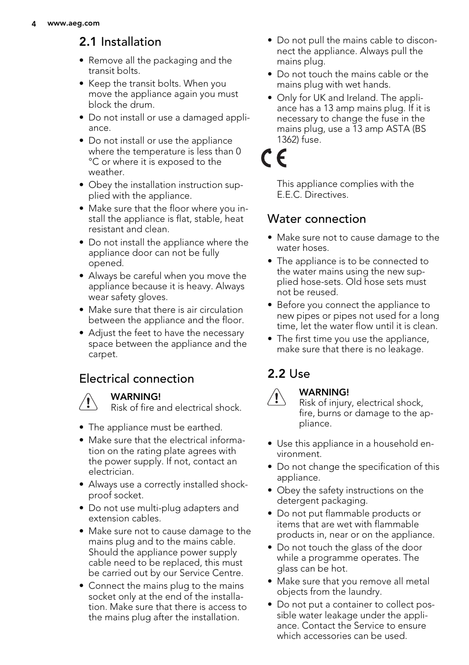 1 installation, Electrical connection, Water connection | 2 use | AEG L61470BI User Manual | Page 4 / 32