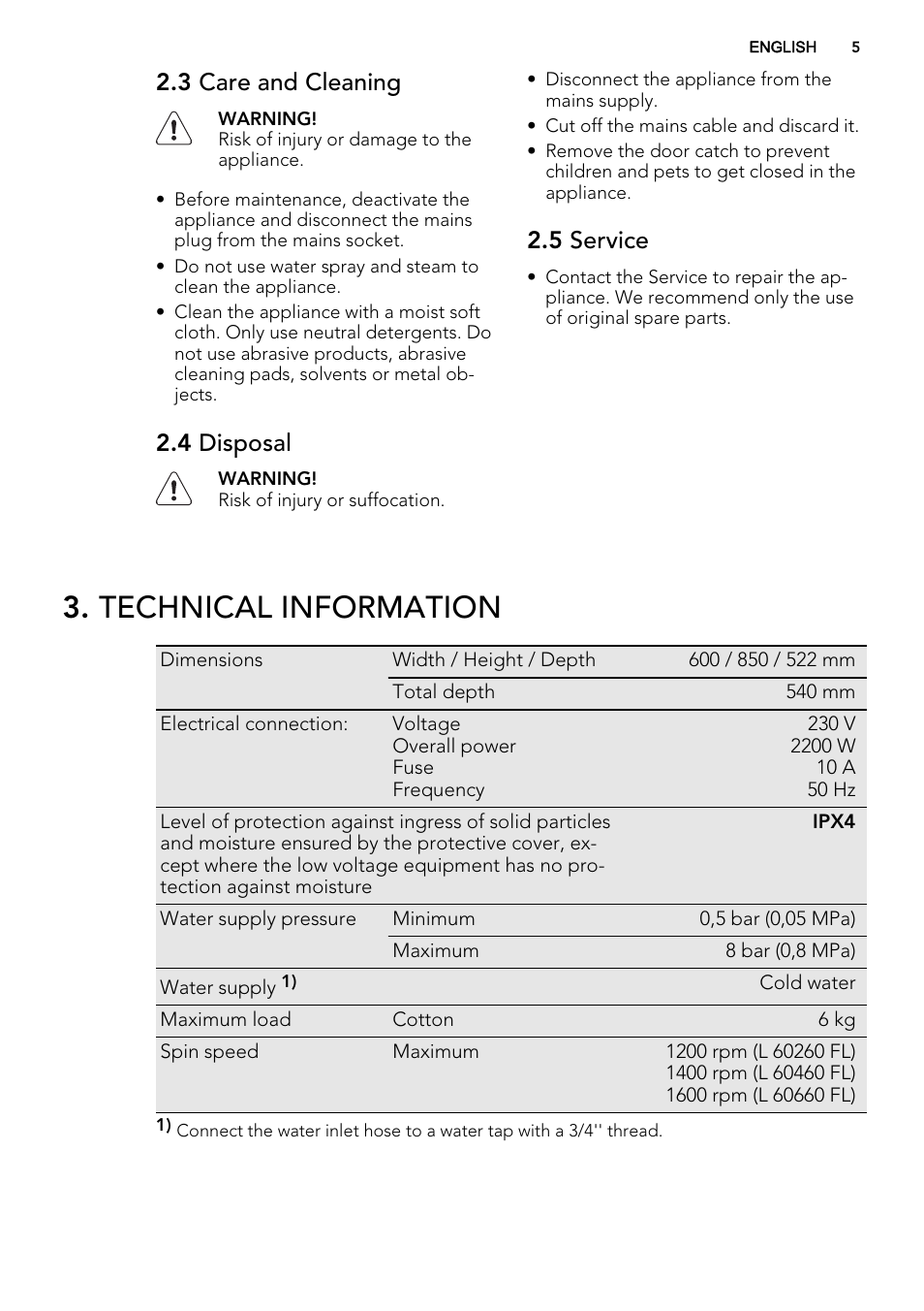 Technical information, 3 care and cleaning, 4 disposal | 5 service | AEG L61470BI User Manual | Page 5 / 32