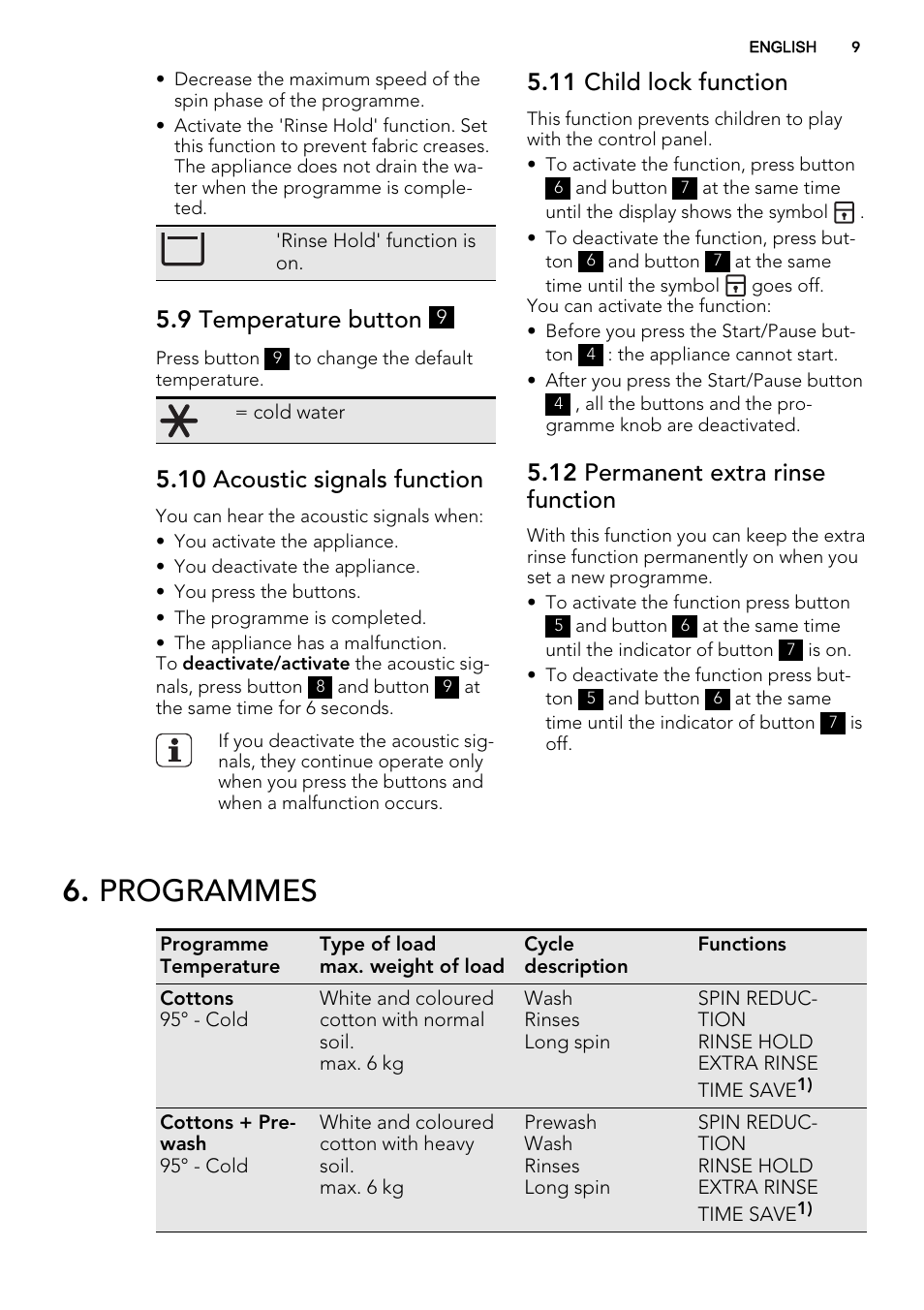 Programmes, 9 temperature button, 10 acoustic signals function | 11 child lock function, 12 permanent extra rinse function | AEG L61470BI User Manual | Page 9 / 32