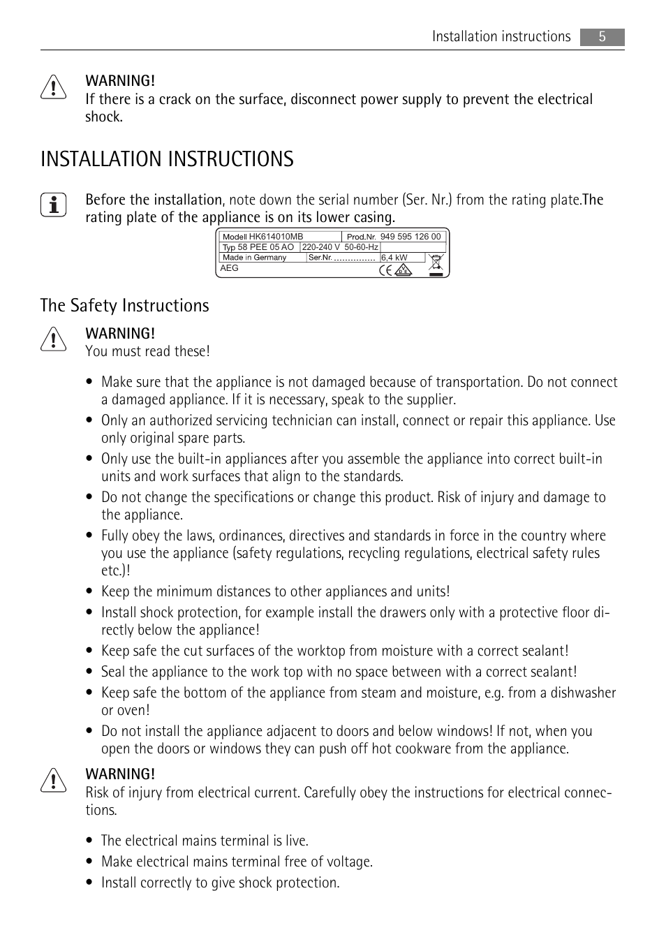 Installation instructions, The safety instructions | AEG HK955070FB User Manual | Page 5 / 16