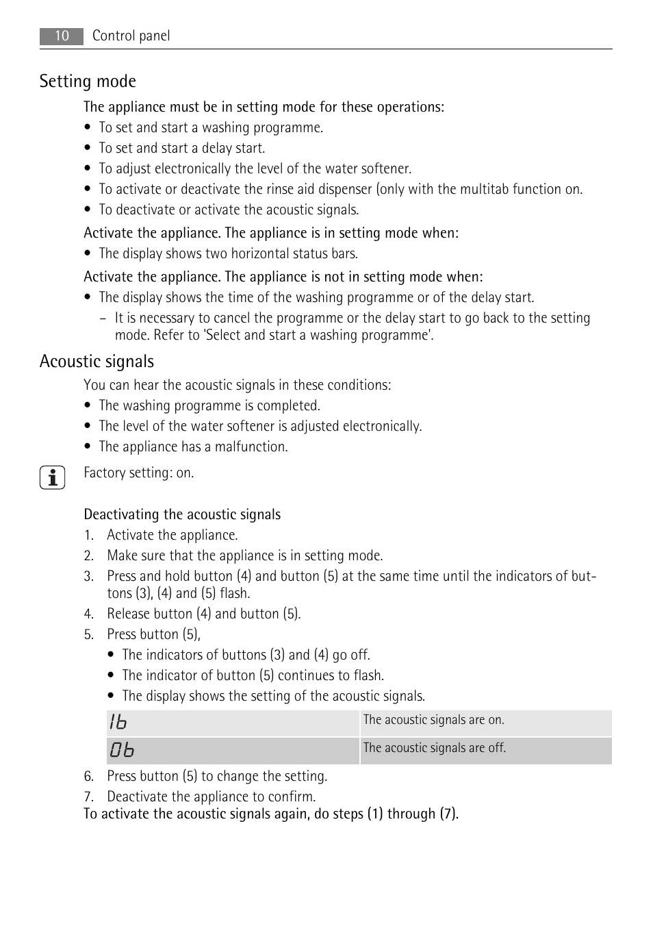 Setting mode, Acoustic signals | AEG F88060VI0P User Manual | Page 10 / 24