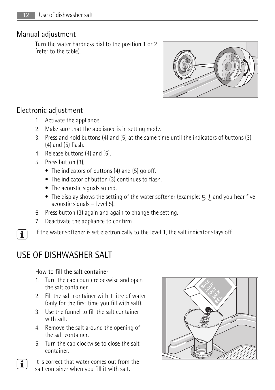 Use of dishwasher salt, Manual adjustment, Electronic adjustment | AEG F88060VI0P User Manual | Page 12 / 24