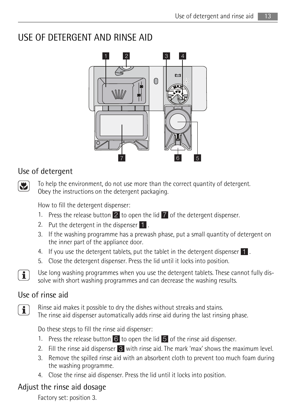 Use of detergent and rinse aid, Use of detergent, Use of rinse aid | Adjust the rinse aid dosage | AEG F88060VI0P User Manual | Page 13 / 24
