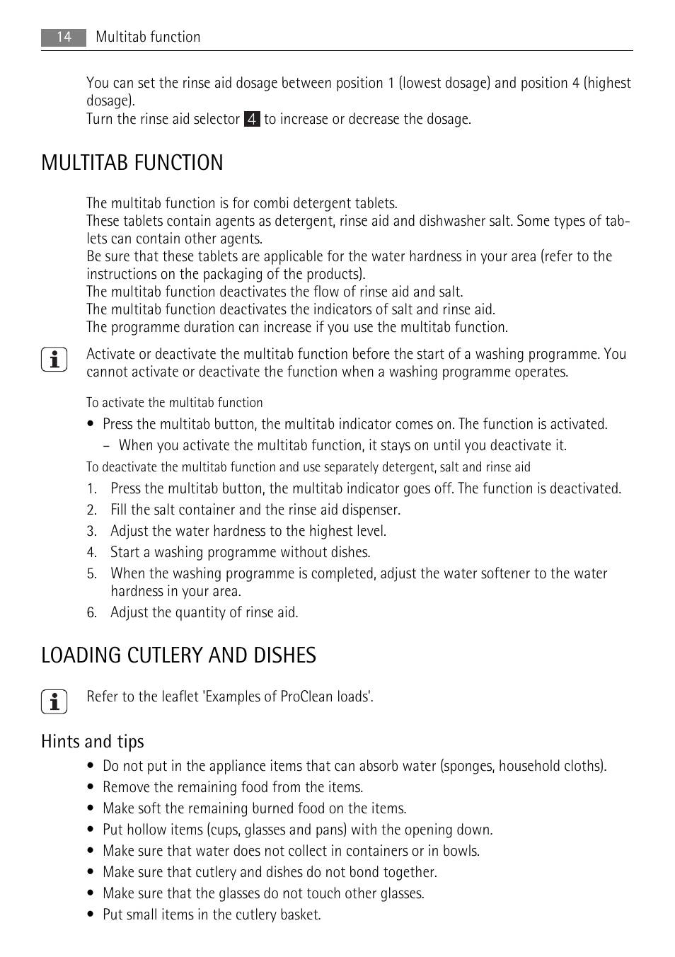 Multitab function, Loading cutlery and dishes, Hints and tips | AEG F88060VI0P User Manual | Page 14 / 24