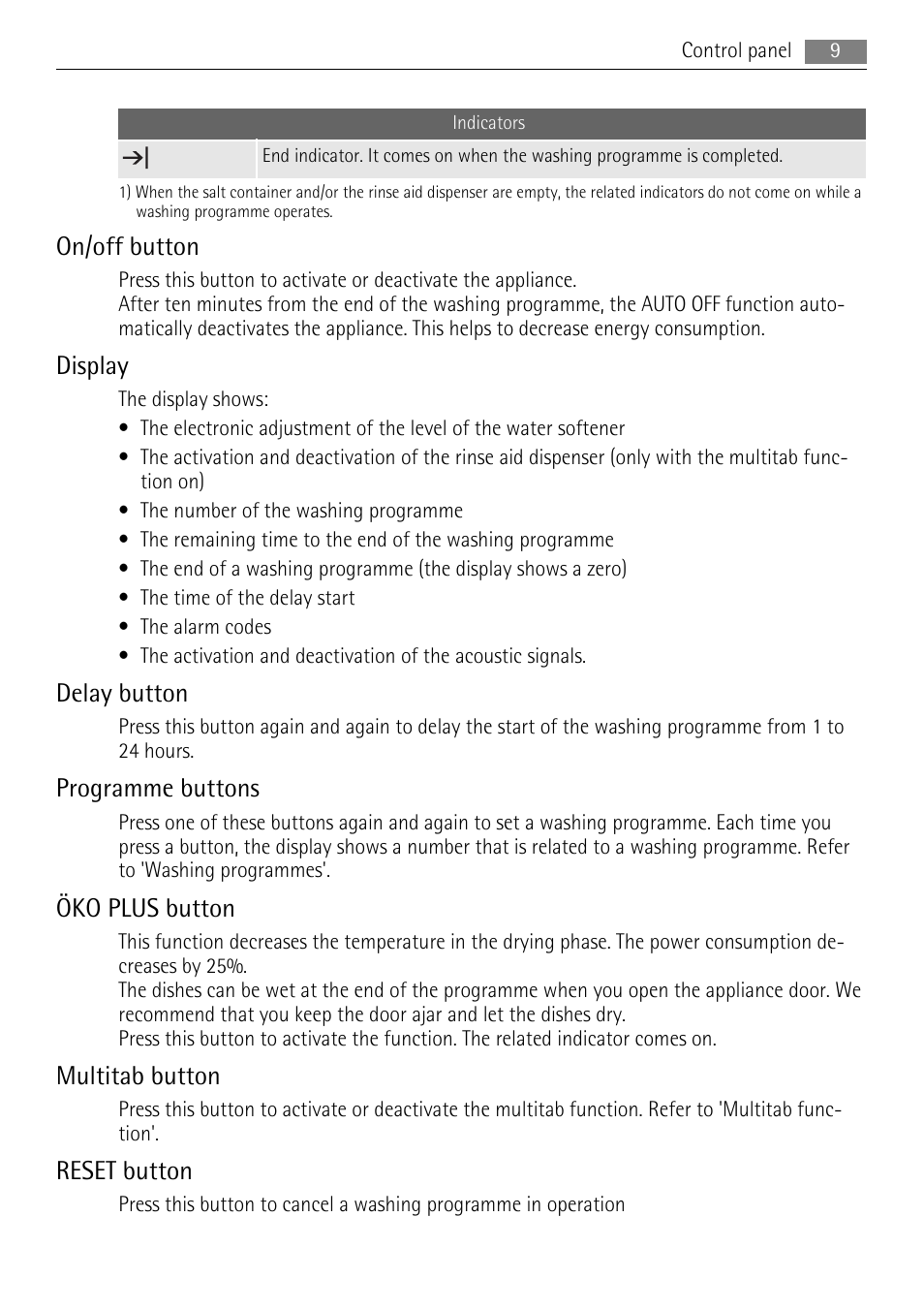 On/off button, Display, Delay button | Programme buttons, Öko plus button, Multitab button, Reset button | AEG F88060VI0P User Manual | Page 9 / 24