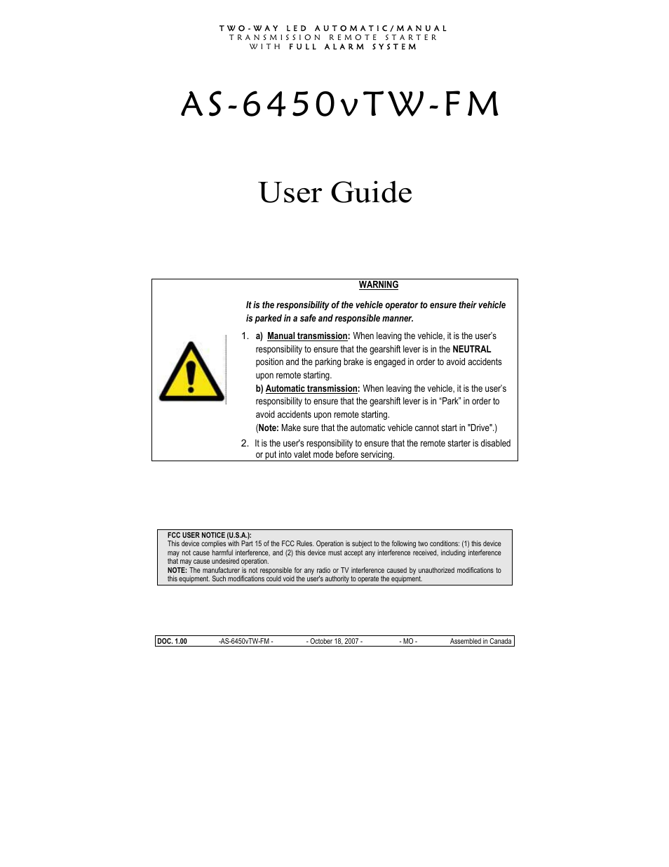Autostart AS-6450VTW-FM User Manual | 19 pages