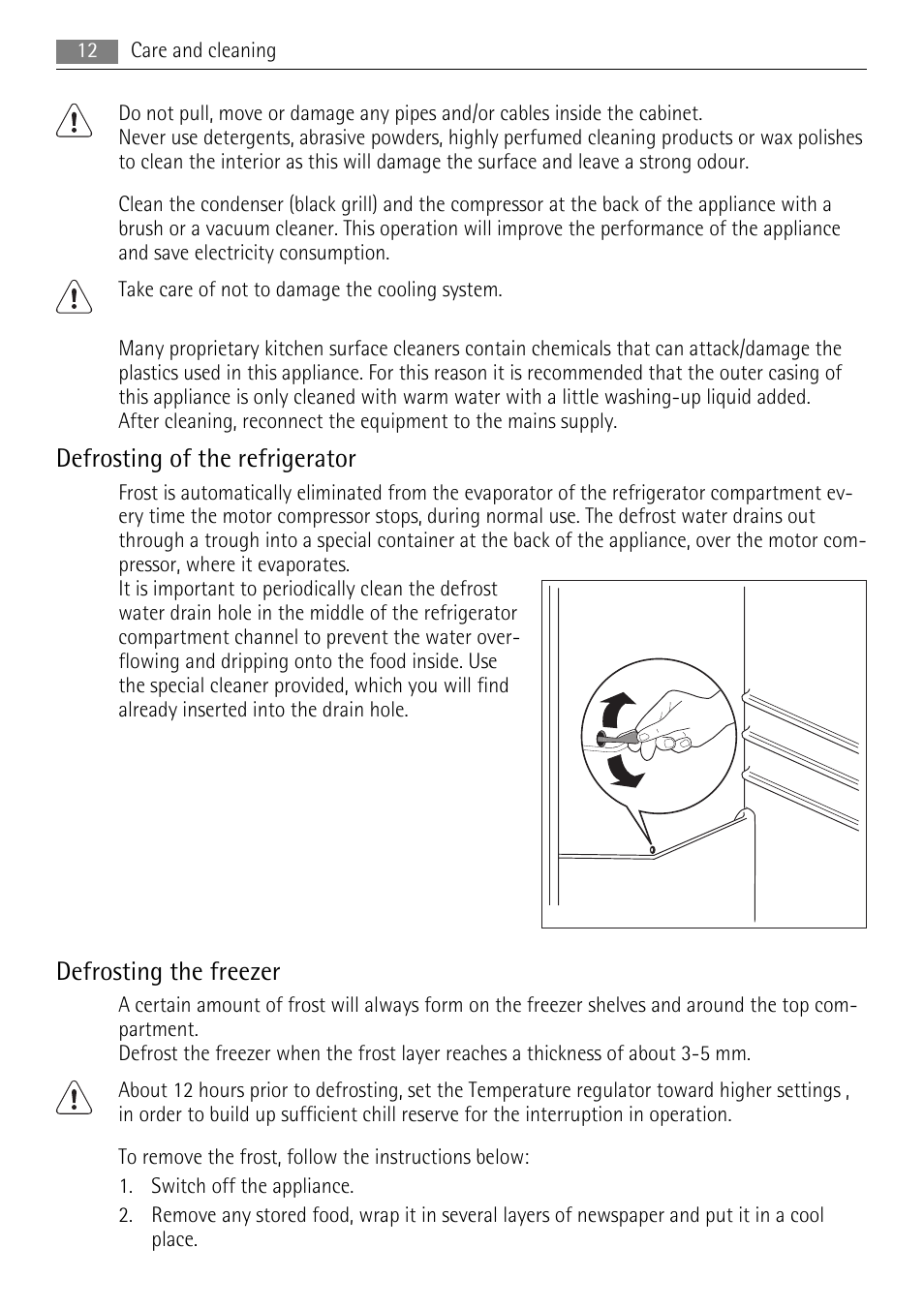 Defrosting of the refrigerator, Defrosting the freezer | AEG SCT51800S0 User Manual | Page 12 / 20