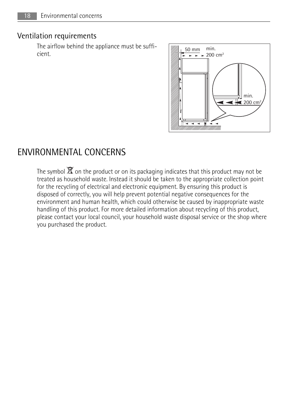 Environmental concerns, Ventilation requirements | AEG SCT51800S0 User Manual | Page 18 / 20