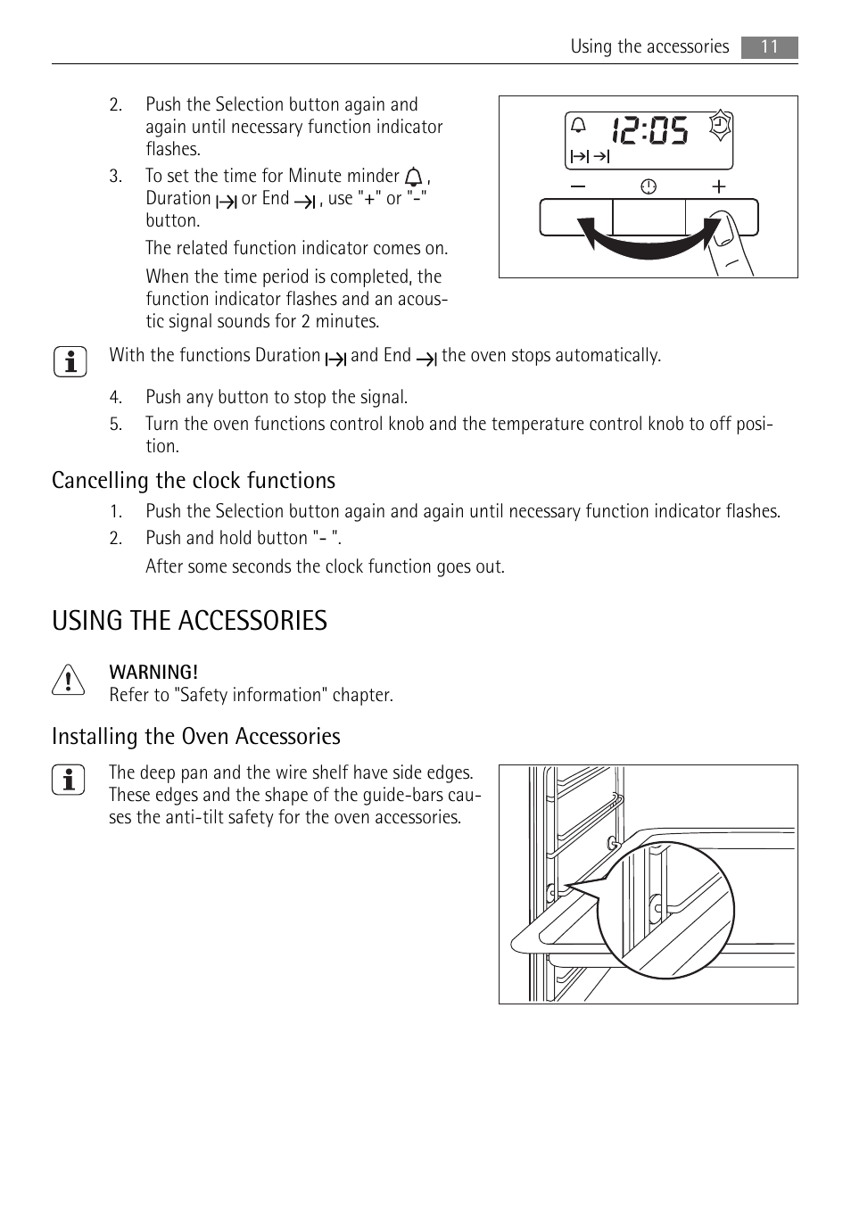 Using the accessories, Cancelling the clock functions, Installing the oven accessories | AEG BE2003021M User Manual | Page 11 / 36