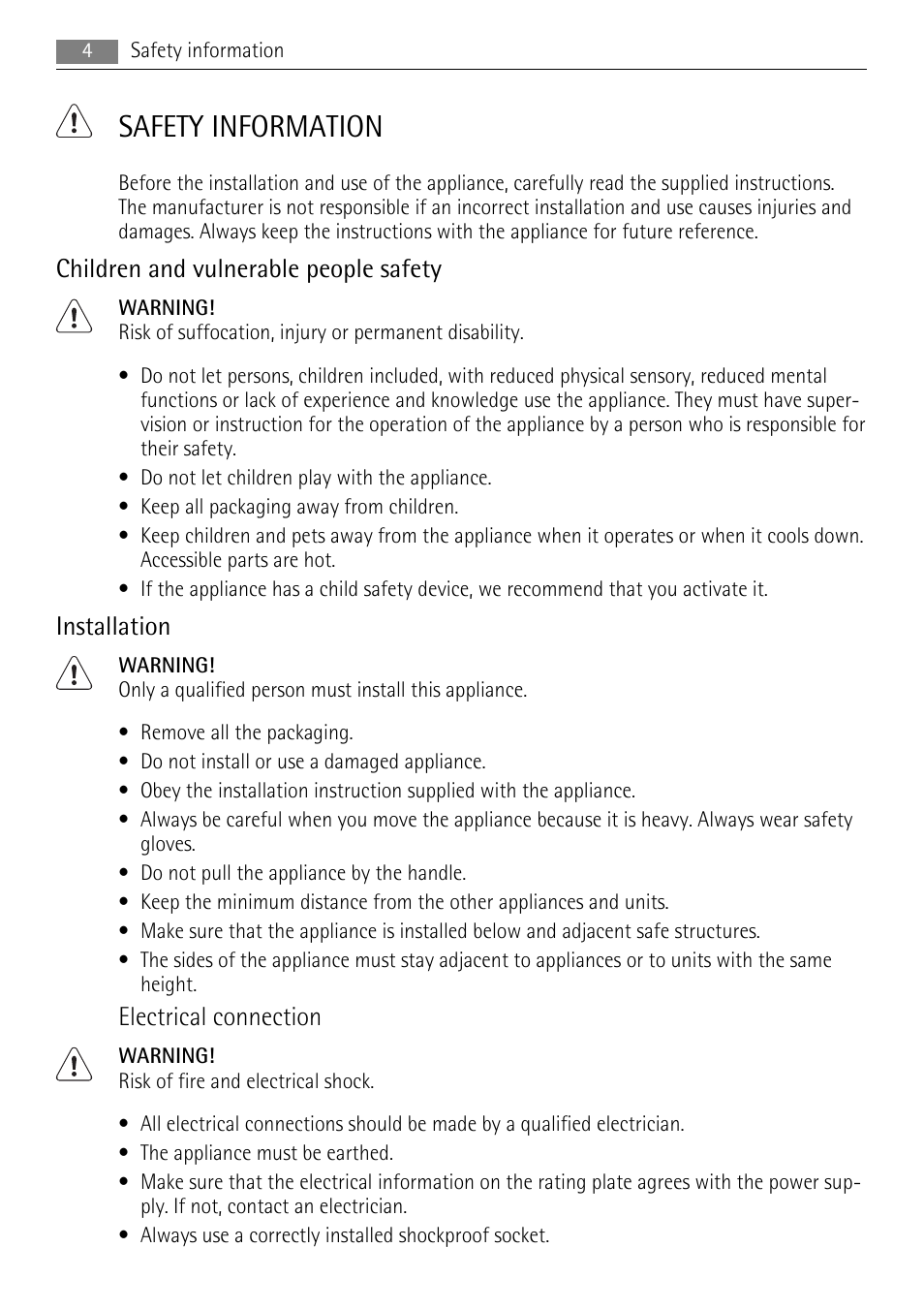 Safety information, Children and vulnerable people safety, Installation | Electrical connection | AEG BE2003021M User Manual | Page 4 / 36