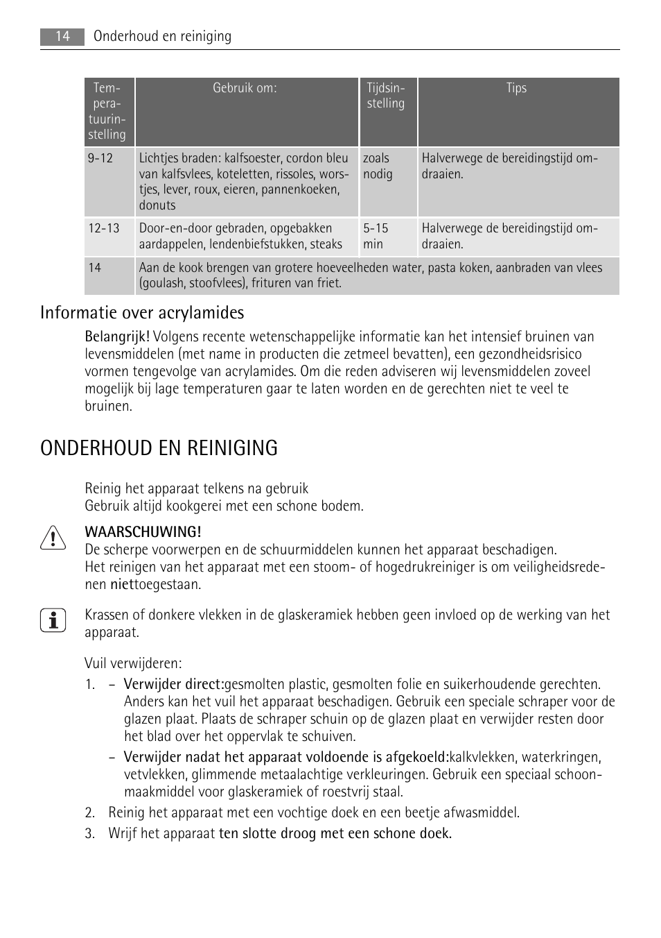 Onderhoud en reiniging, Informatie over acrylamides | AEG HK614010BB User Manual | Page 14 / 64