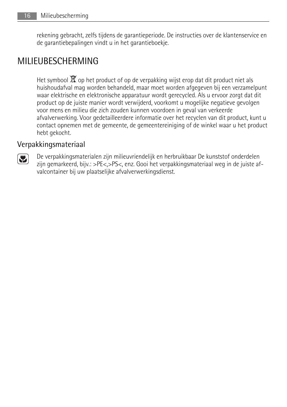 Milieubescherming, Verpakkingsmateriaal | AEG HK614010BB User Manual | Page 16 / 64