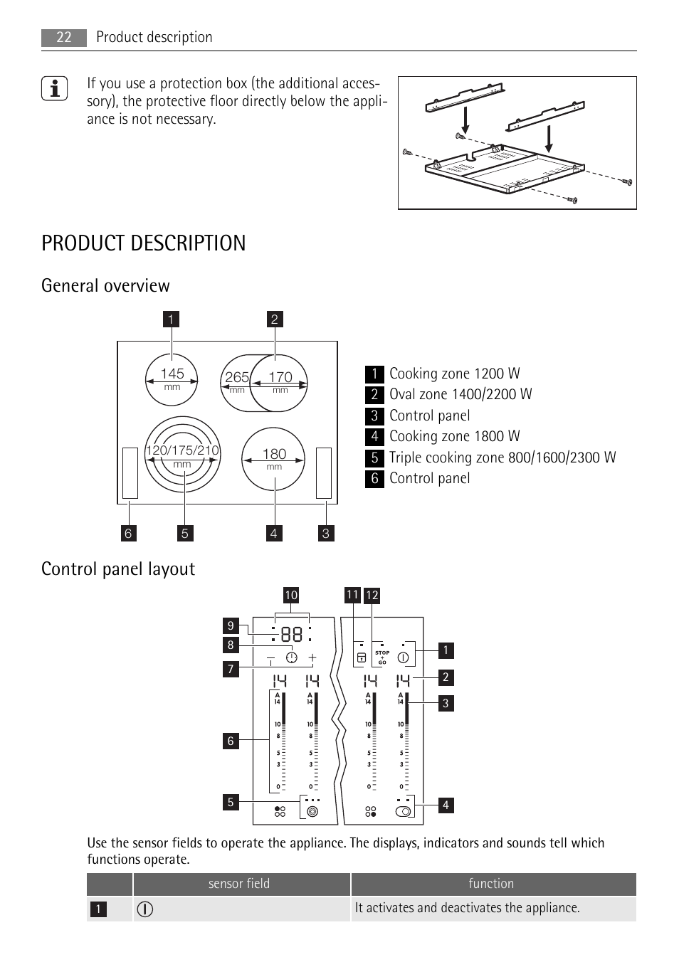 Product description, General overview, Control panel layout | AEG HK614010BB User Manual | Page 22 / 64