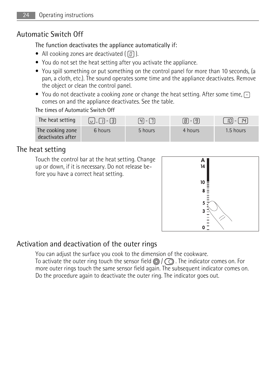 Automatic switch off, The heat setting, Activation and deactivation of the outer rings | AEG HK614010BB User Manual | Page 24 / 64