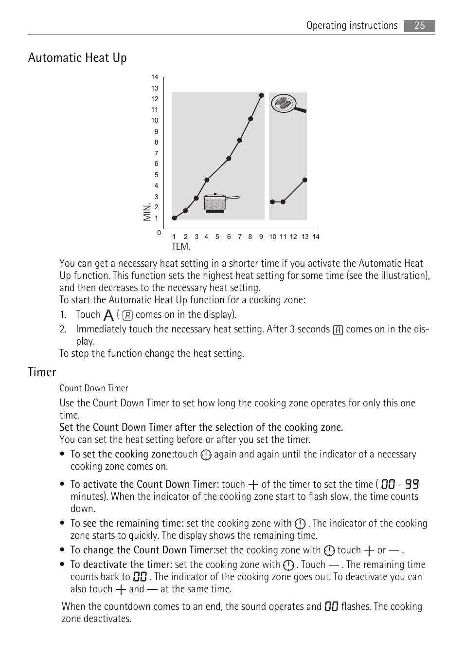 Automatic heat up, Timer | AEG HK614010BB User Manual | Page 25 / 64