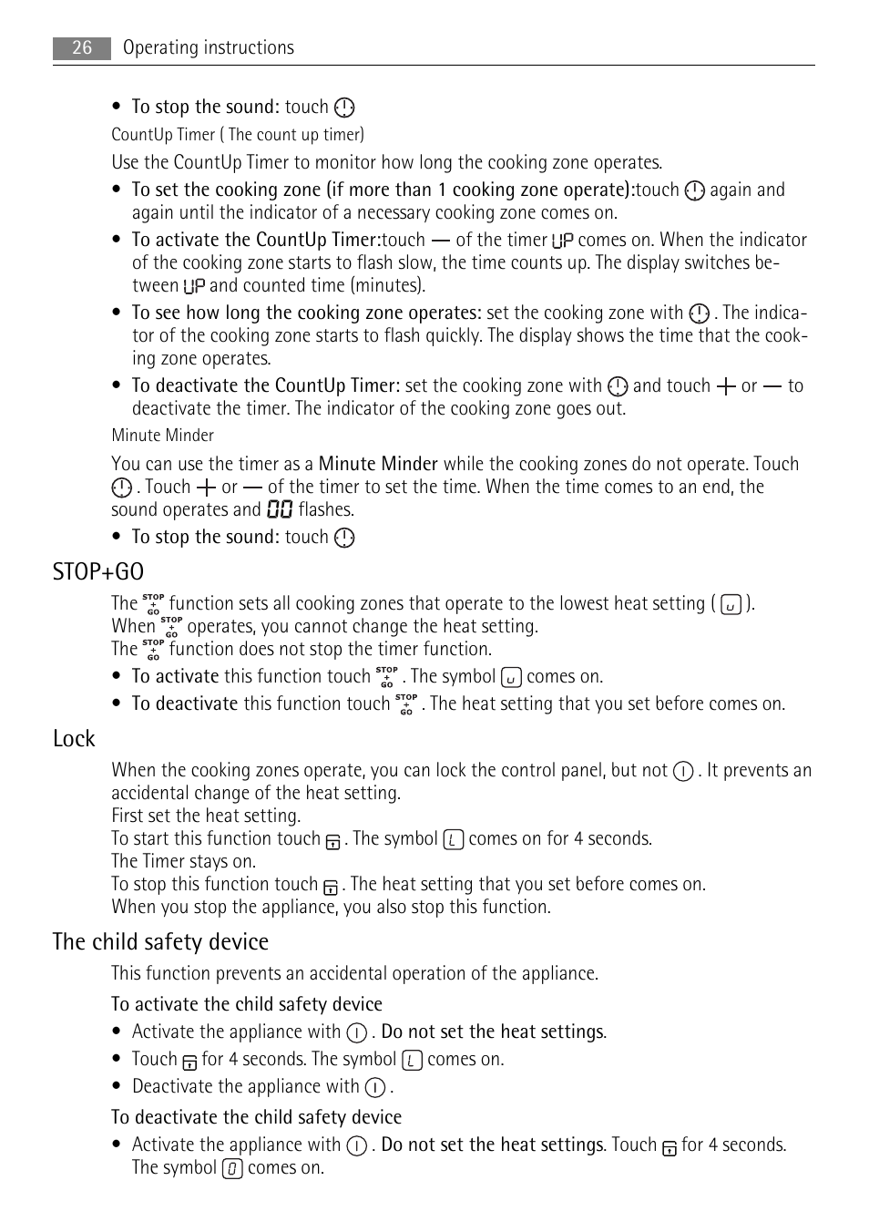Stop+go, Lock, The child safety device | AEG HK614010BB User Manual | Page 26 / 64