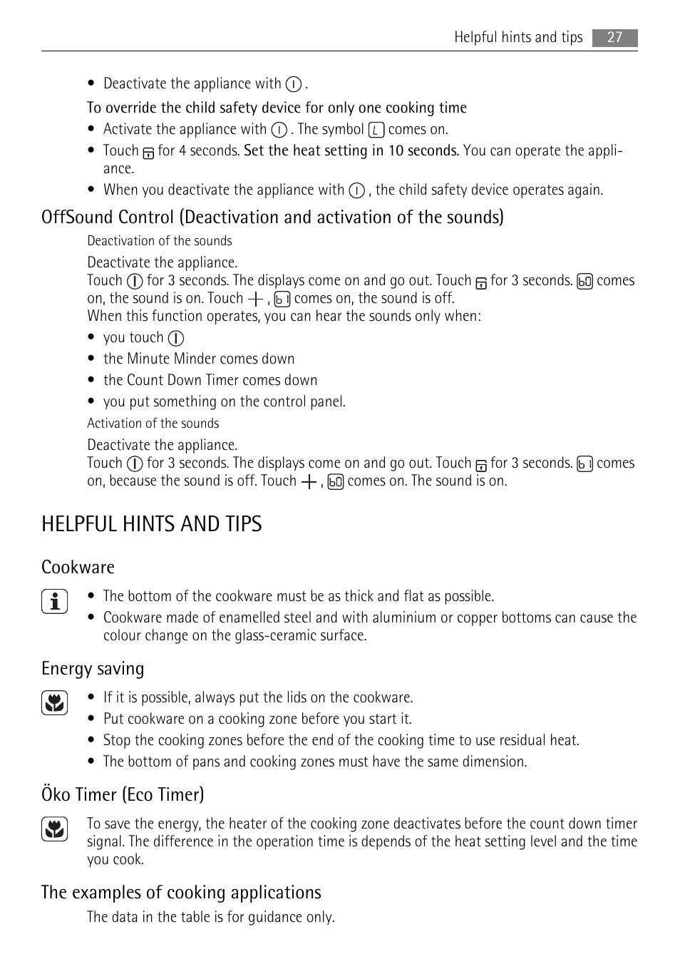 Helpful hints and tips, Cookware, Energy saving | Öko timer (eco timer), The examples of cooking applications | AEG HK614010BB User Manual | Page 27 / 64