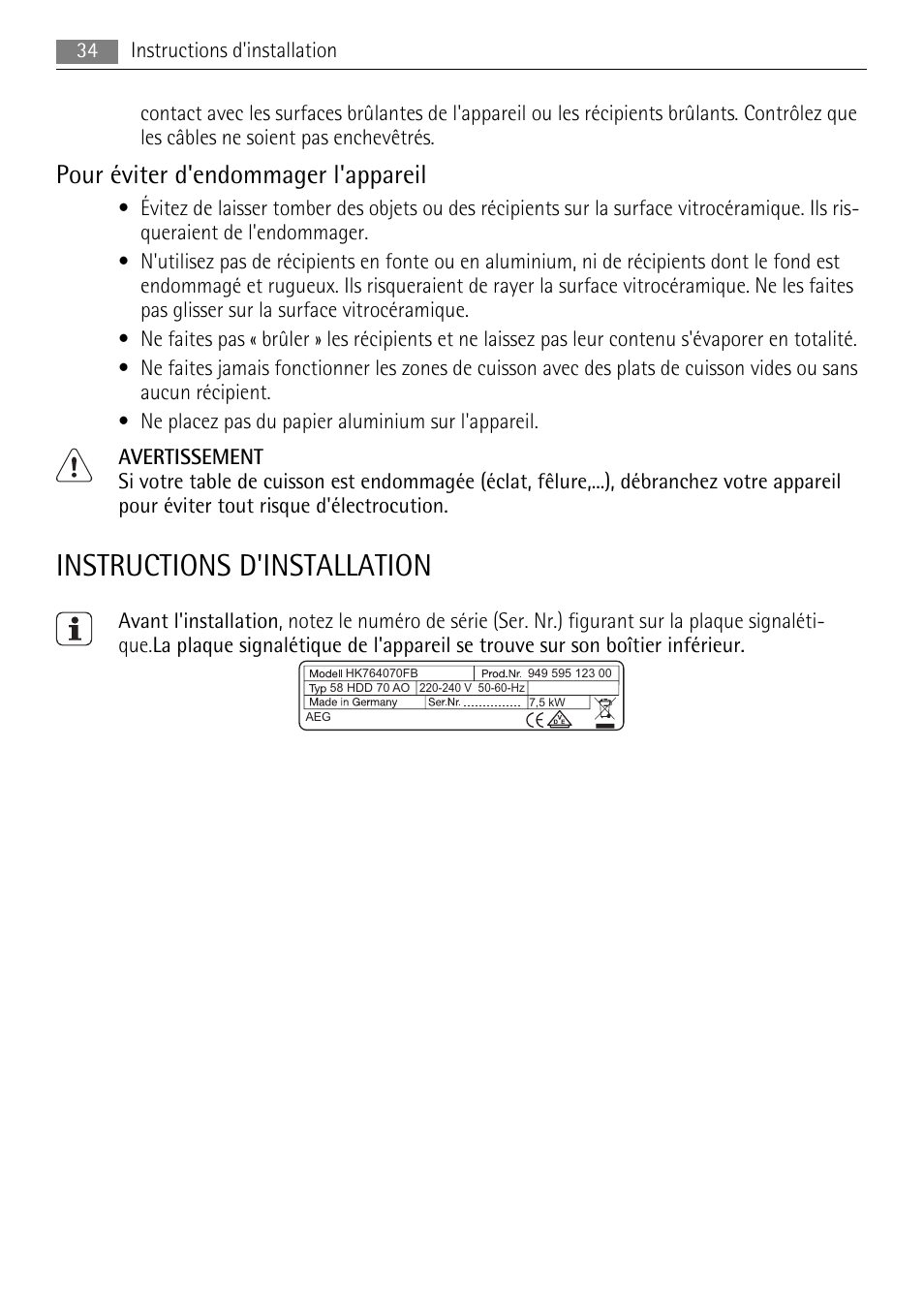 Instructions d'installation, Pour éviter d'endommager l'appareil | AEG HK614010BB User Manual | Page 34 / 64