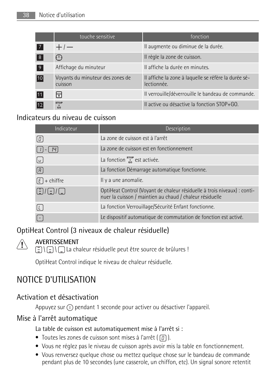 Notice d'utilisation, Indicateurs du niveau de cuisson, Optiheat control (3 niveaux de chaleur résiduelle) | Activation et désactivation, Mise à l'arrêt automatique | AEG HK614010BB User Manual | Page 38 / 64