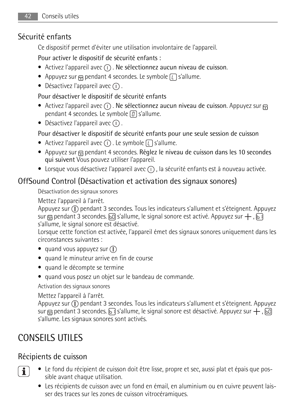 Conseils utiles, Sécurité enfants, Récipients de cuisson | AEG HK614010BB User Manual | Page 42 / 64