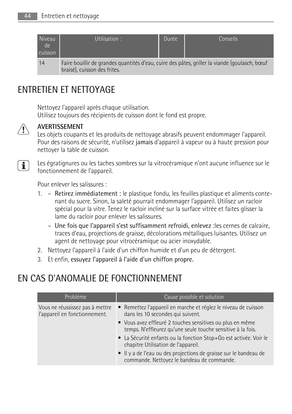 Entretien et nettoyage, En cas d'anomalie de fonctionnement | AEG HK614010BB User Manual | Page 44 / 64