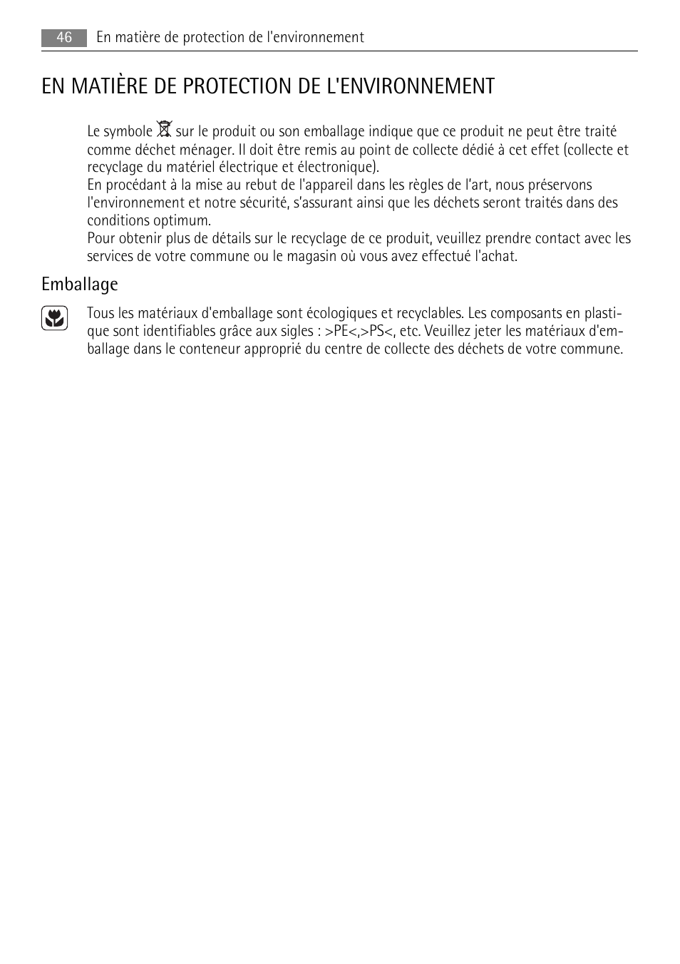 En matière de protection de l'environnement, Emballage | AEG HK614010BB User Manual | Page 46 / 64