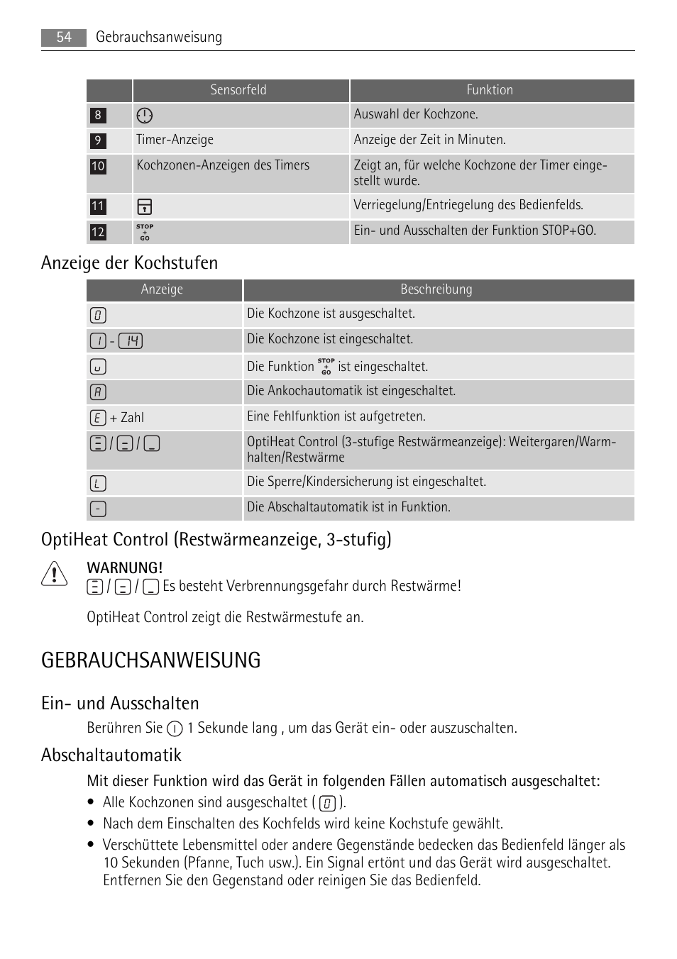Gebrauchsanweisung, Anzeige der kochstufen, Optiheat control (restwärmeanzeige, 3-stufig) | Ein- und ausschalten, Abschaltautomatik | AEG HK614010BB User Manual | Page 54 / 64