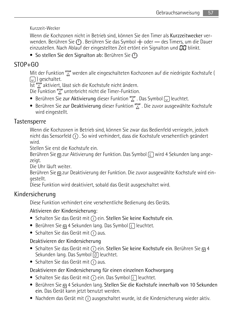 Stop+go, Tastensperre, Kindersicherung | AEG HK614010BB User Manual | Page 57 / 64