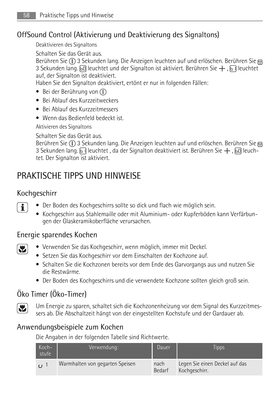 Praktische tipps und hinweise, Kochgeschirr, Energie sparendes kochen | Öko timer (öko-timer), Anwendungsbeispiele zum kochen | AEG HK614010BB User Manual | Page 58 / 64